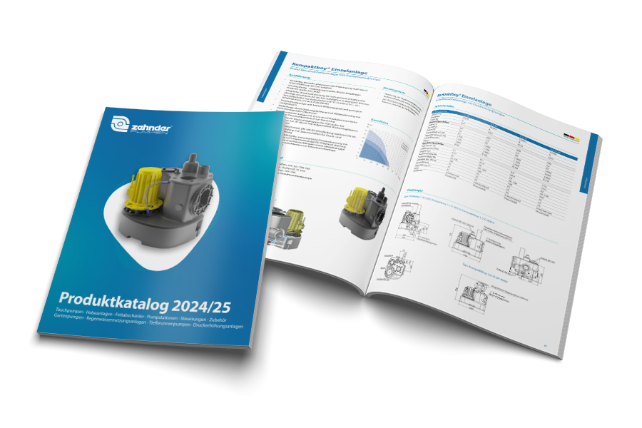 Mockup des Zehnder Produktkatalogs 2024/25 mit einer Abbildung einer Pumpe auf dem Cover und technischen Zeichnungen und Spezifikationen auf den Innenseiten